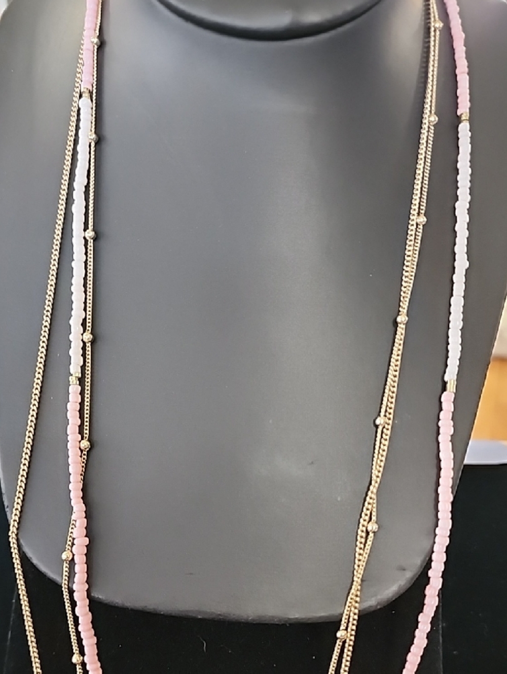 Multi-Strand Pink and White Beaded Gold-Tone Necklace